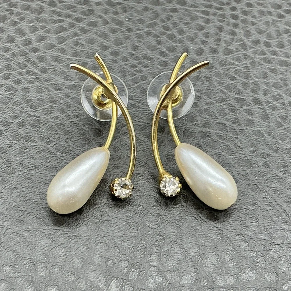 Gold Tone Teardrop Faux‎ Pearl Rhinestone Dangle Drop Earrings Womens Costume